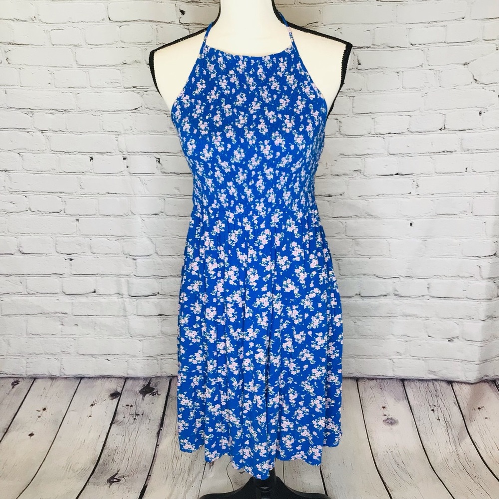 American Eagle Outfitters Blue Floral Smocked Fit Flare Halter Dress Medium NWT